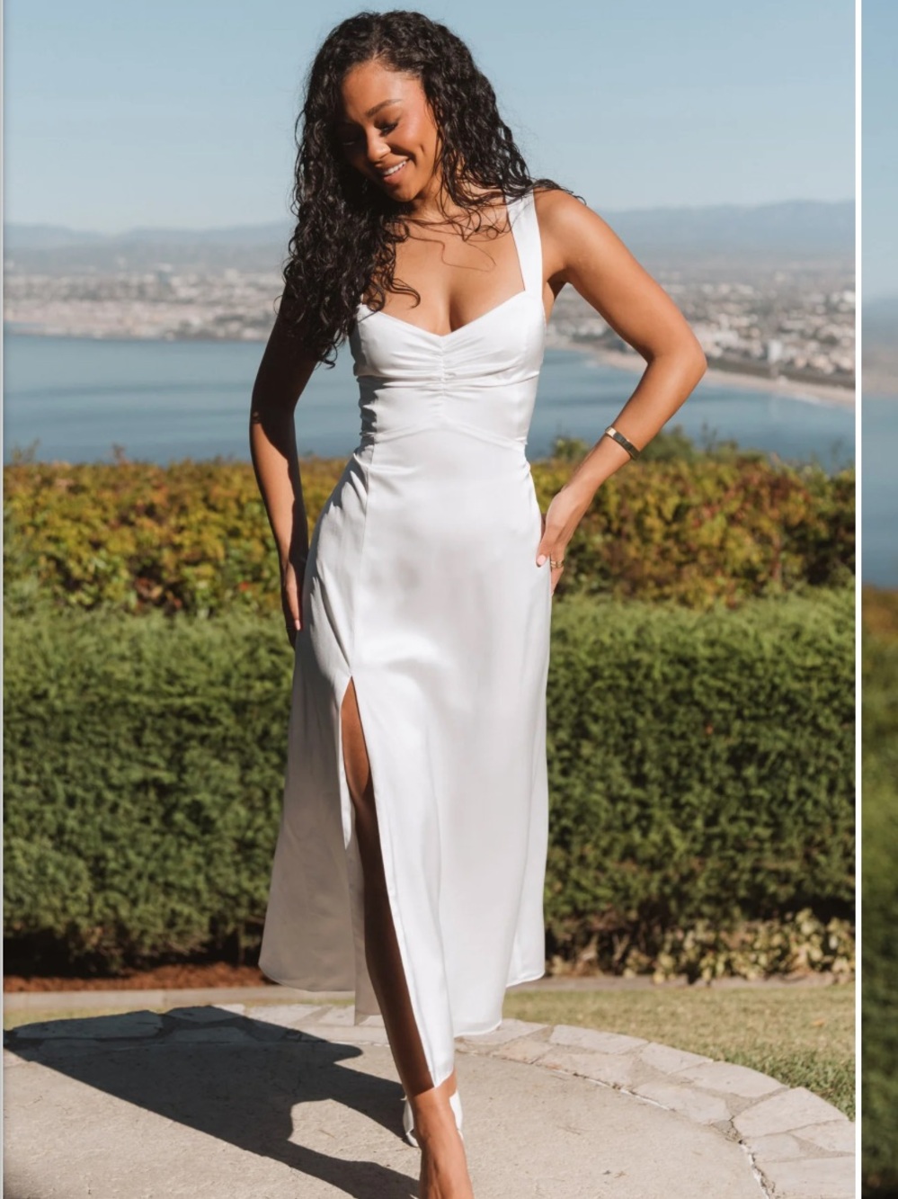 Show Me Your Mumu- Mina White Satin Midi Dress with Side Slit